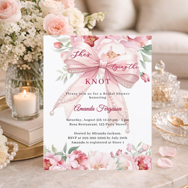 Pink bow pearls florals Bridal Shower invitation (Creator heeft geüpload)