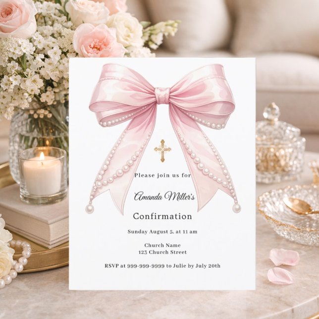 Pink bow pearls girl Confirmation invitation (Creator heeft geüpload)