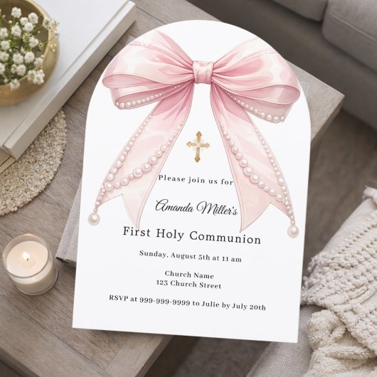 Pink bow pearls girl elegant First Communion Arch Kaart