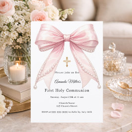 Pink bow pearls girl elegant First Communion Kaart