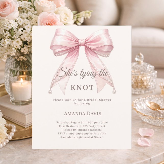 Pink bow pearls knot Bridal Shower invitation (Creator heeft geüpload)