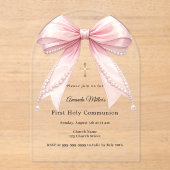 Pink bow pearls luxury First Communion arch Acryl Uitnodigingen (Voorkant)