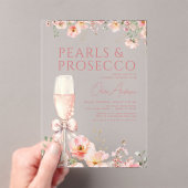 Pink Bow Pearls & Prosecco Vrijgezellenfeest Acryl Uitnodigingen (Insitu (Draagbaar))