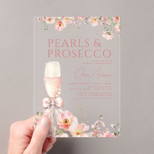 Pink Bow Pearls & Prosecco Vrijgezellenfeest Acryl Uitnodigingen (Insitu (Draagbaar))