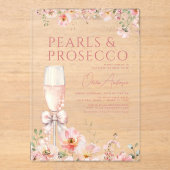 Pink Bow Pearls & Prosecco Vrijgezellenfeest Acryl Uitnodigingen (Voorkant)