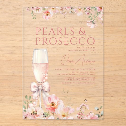 Pink Bow Pearls & Prosecco Vrijgezellenfeest Acryl Uitnodigingen (Voorkant)