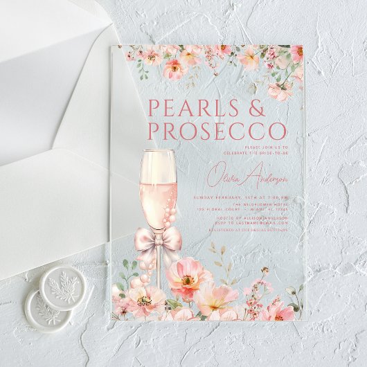 Pink Bow Pearls & Prosecco Vrijgezellenfeest Acryl Uitnodigingen