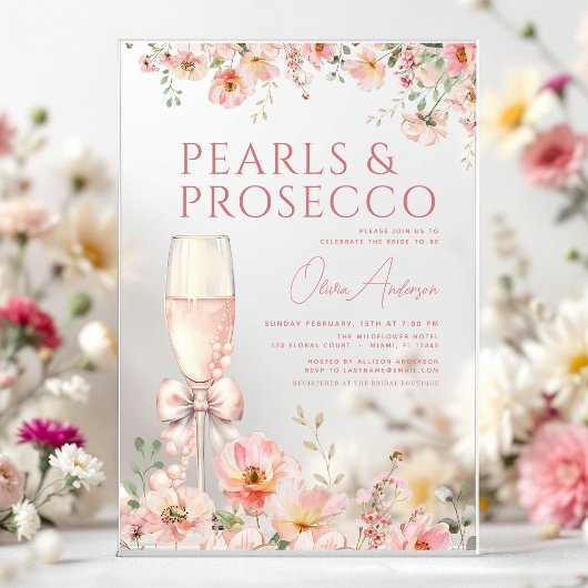 Pink Bow Pearls & Prosecco Vrijgezellenfeest Acryl Uitnodigingen