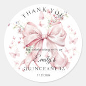 Pink Bow Pearls Quinceañera Bedankt Sticker (Voorkant)