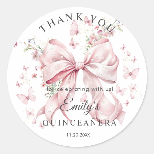 Pink Bow Pearls Quinceañera Bedankt Sticker (Voorkant)