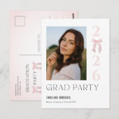Pink Bow Photo Grad Party Graduation Invitation Briefkaart (Voorkant / Achterkant)