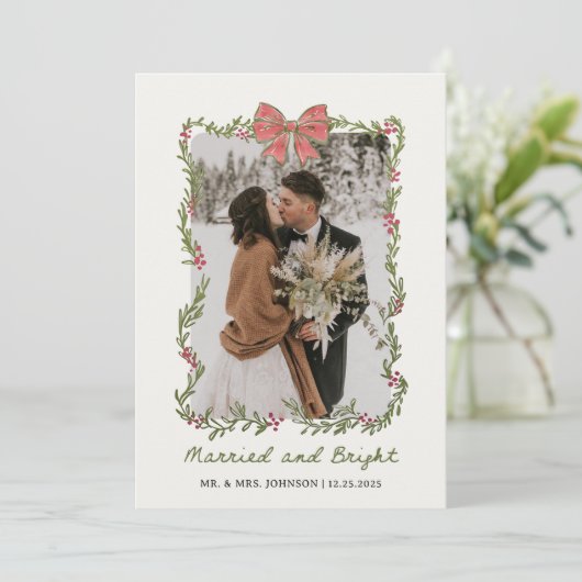 Pink Bow Photo Married and Bright Holiday Card Feestdagenkaart (Staand voorkant)