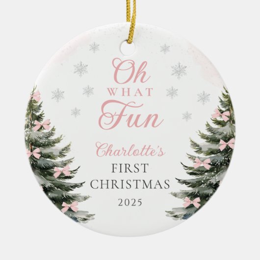 Pink Bow Pine Tree Baby's First Christmas Keramisch Ornament (Voorkant)