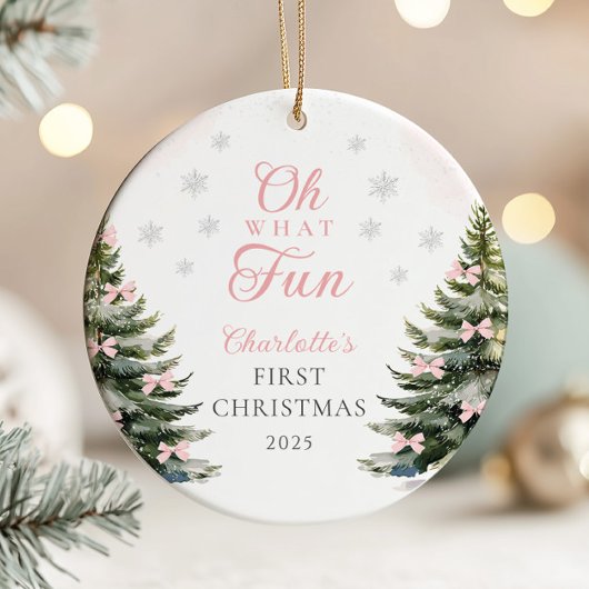 Pink Bow Pine Tree Baby's First Christmas Keramisch Ornament