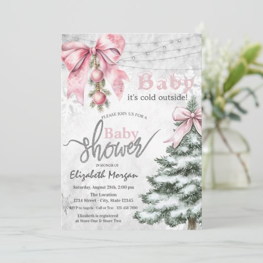 Pink Bow Pine Tree Balls its cold outside Kaart (Staand voorkant)