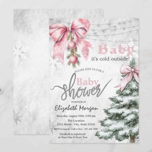 Pink Bow Pine Tree Balls its cold outside Kaart (Voorkant / Achterkant)