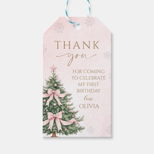Pink Bow Pine Trees Winter Onederland 1st Birthday Cadeaulabel (Voorkant)