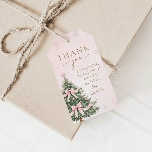 Pink Bow Pine Trees Winter Onederland 1st Birthday Cadeaulabel