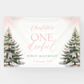 Pink Bow Pine Trees Winter Onederland 1st Birthday Spandoek (Horizontaal)