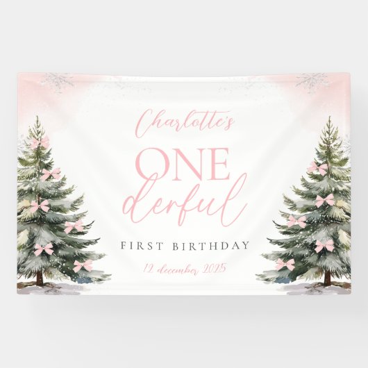 Pink Bow Pine Trees Winter Onederland 1st Birthday Spandoek (Horizontaal)
