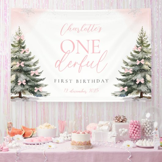 Pink Bow Pine Trees Winter Onederland 1st Birthday Spandoek (Feest)