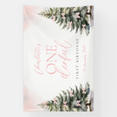 Pink Bow Pine Trees Winter Onederland 1st Birthday Spandoek (Verticaal)