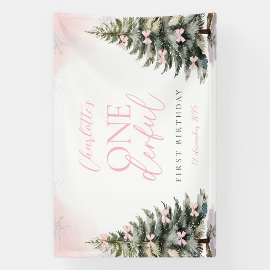 Pink Bow Pine Trees Winter Onederland 1st Birthday Spandoek (Verticaal)