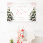 Pink Bow Pine Trees Winter Onederland 1st Birthday Spandoek (Insitu)