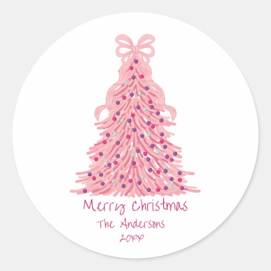 Pink Bow Pink Christmas Tree Ronde Sticker (Voorkant)