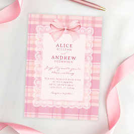 Pink bow plaid wedding kaart