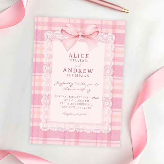 Pink bow plaid wedding kaart