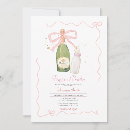 Pink Bow Poppin Bottles Koppels Baby shower Kaart (Voorkant)