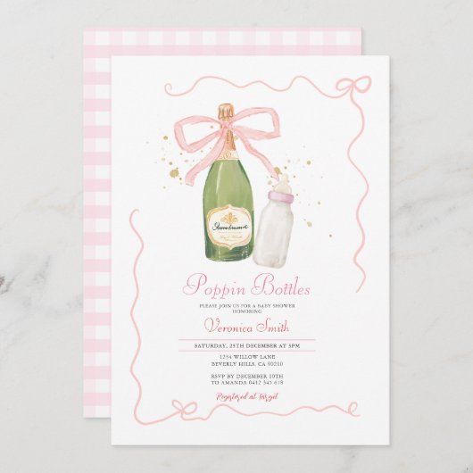 Pink Bow Poppin Bottles Koppels Baby shower Kaart (Voorkant / Achterkant)