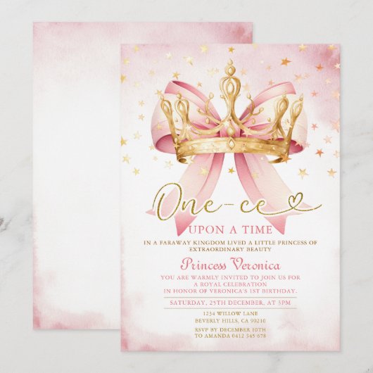 Pink Bow Princess ONE-CE Upon a time 1st birthday Kaart (Voorkant / Achterkant)