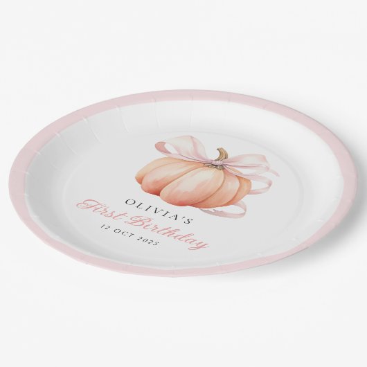 Pink Bow Pumpkin 1e verjaardag Papieren Bordje (Gekanteld)