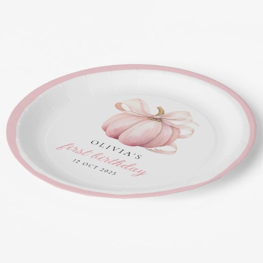 Pink Bow Pumpkin 1e verjaardag Papieren Bordje (Gekanteld)