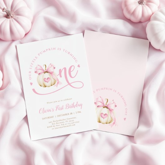 Pink Bow Pumpkin 1st Birthday Invitation Kaart
