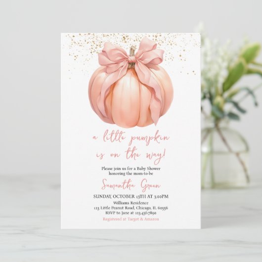 Pink Bow Pumpkin Baby shower Kaart (Staand voorkant)