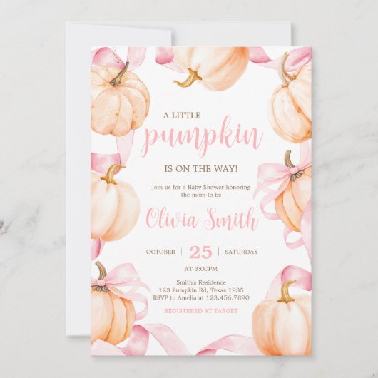 Pink Bow Pumpkin Baby Shower Kaart (Voorkant)