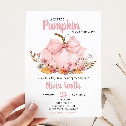 Pink Bow Pumpkin Baby shower Kaart