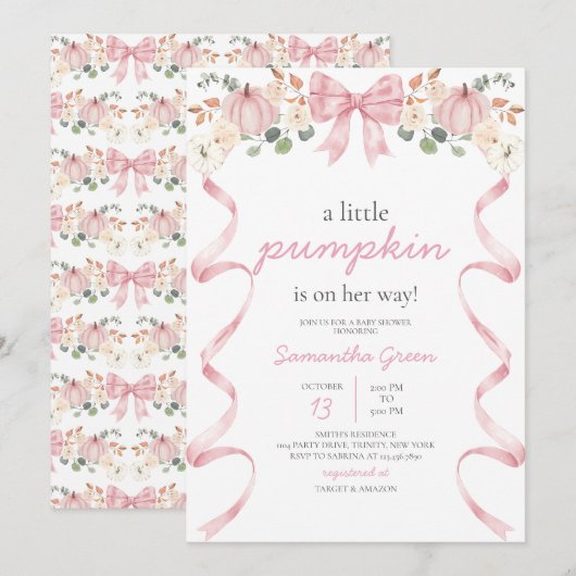 Pink Bow Pumpkin Baby Shower Kaart (Voorkant / Achterkant)