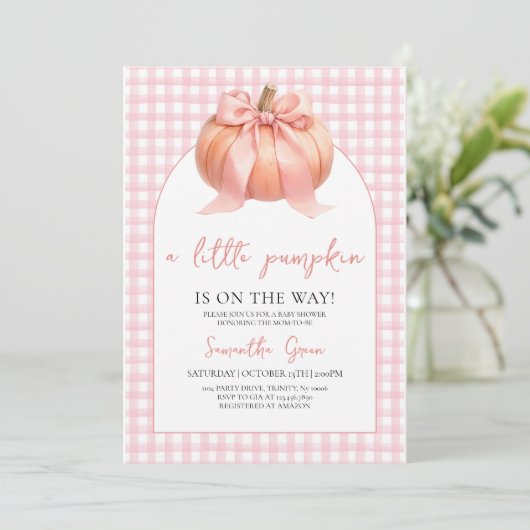 Pink Bow Pumpkin Baby shower Kaart (Staand voorkant)