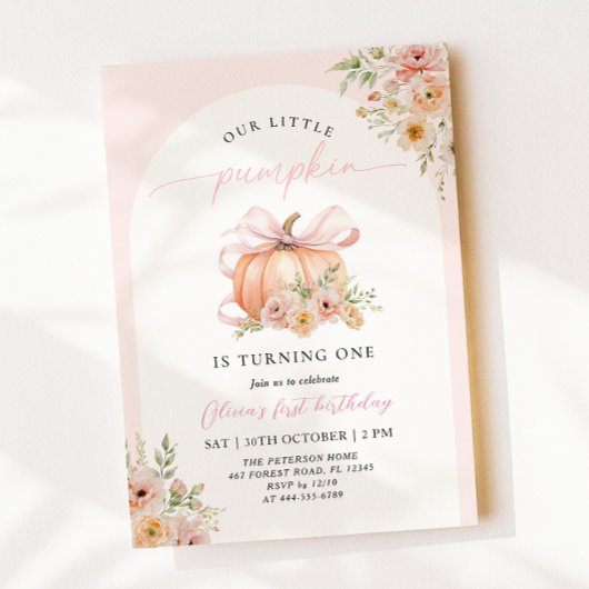 Pink Bow Pumpkin Floral First Birthday Kaart