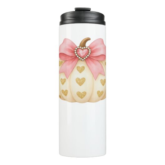 Pink Bow Pumpkin met Gouden Harten – Coquette Fal Thermosbeker (Voorkant)