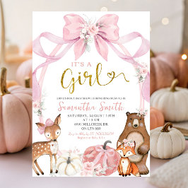 Pink Bow Pumpkin Woodland Animals Baby shower Kaart