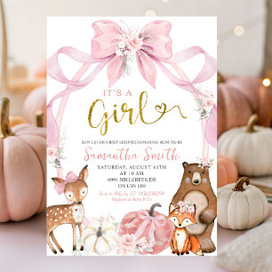 Pink Bow Pumpkin Woodland Animals Baby shower Kaart