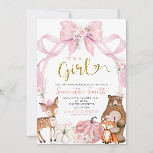 Pink Bow Pumpkin Woodland Animals Baby shower Kaart (Voorkant)