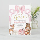 Pink Bow Pumpkin Woodland Animals Baby shower Kaart (Staand voorkant)