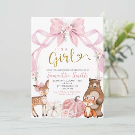 Pink Bow Pumpkin Woodland Animals Baby shower Kaart (Staand voorkant)