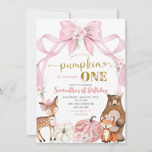 Pink Bow Pumpkin Woodland Animals eerste verjaarda Kaart (Voorkant)